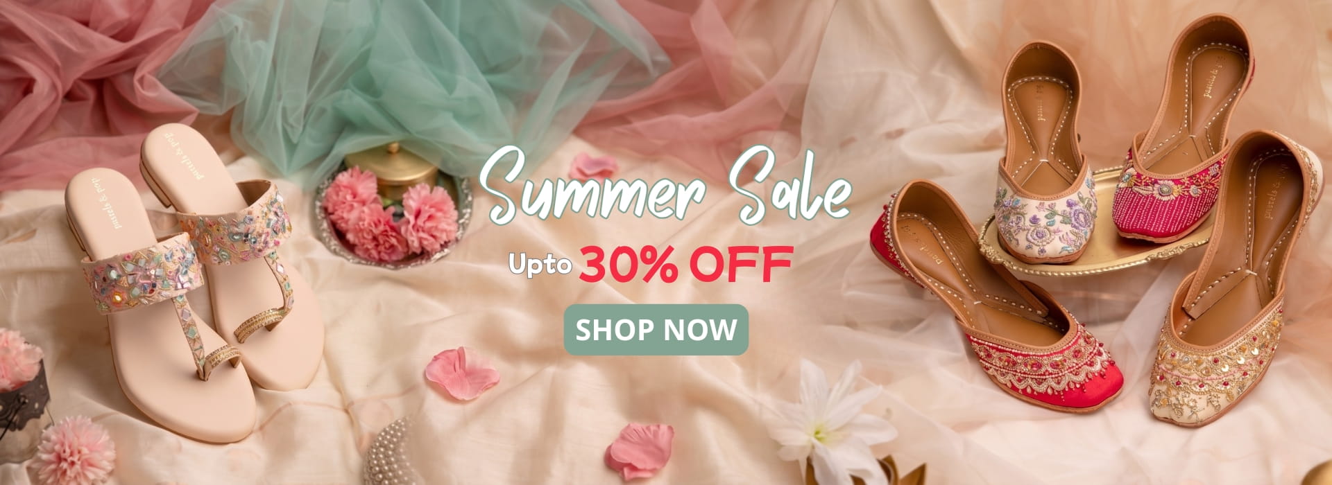 Promotional banner for summer sale with shoes and flowers on a soft background