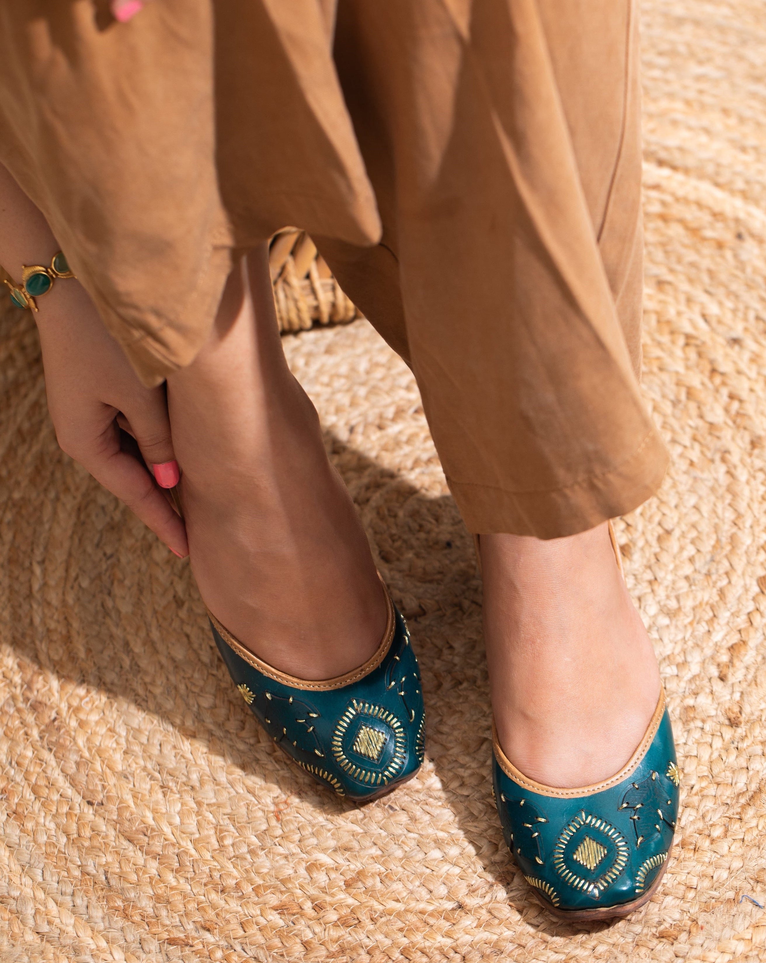 BAAGH - Teal Zari Embroidered Leather Jutti | Pastels and Pop